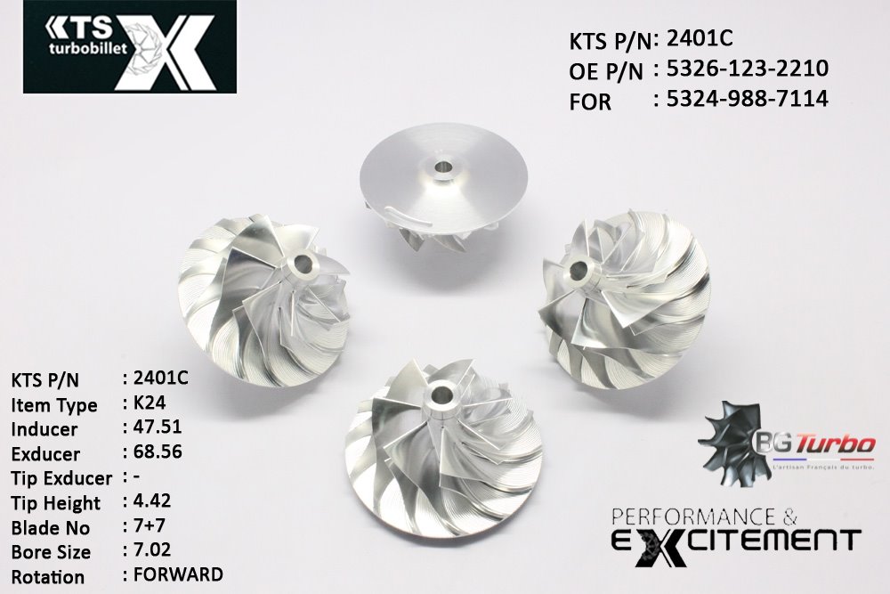 Turbo ROUE FORGÉE MFS PERFORMANCE - 7+7 PALES - INDUCER : 47,51 - EXDUCER : 68,56 - TYPE : K24ANGLE : 45° - ROTATION : Forward - SUPER BACK : 4,01 - BORE SIZE : 7,02
